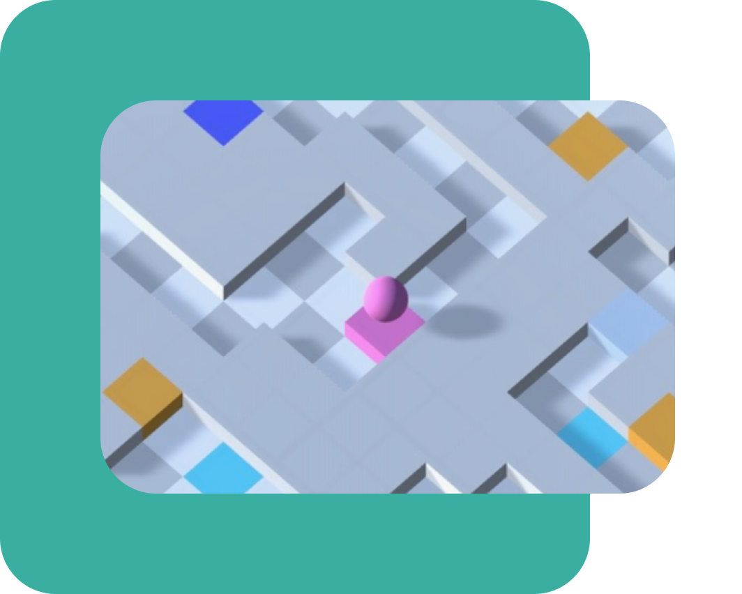 An image of a game that is in development, featuring a sphere traveling through a maze of cubes.